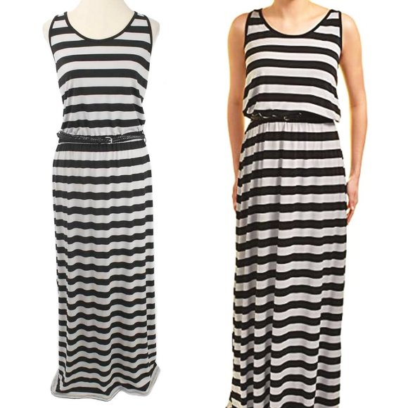 🍍FEVER Gray & Black Striped Belted Maxi Dress - Picture 1 of 6
